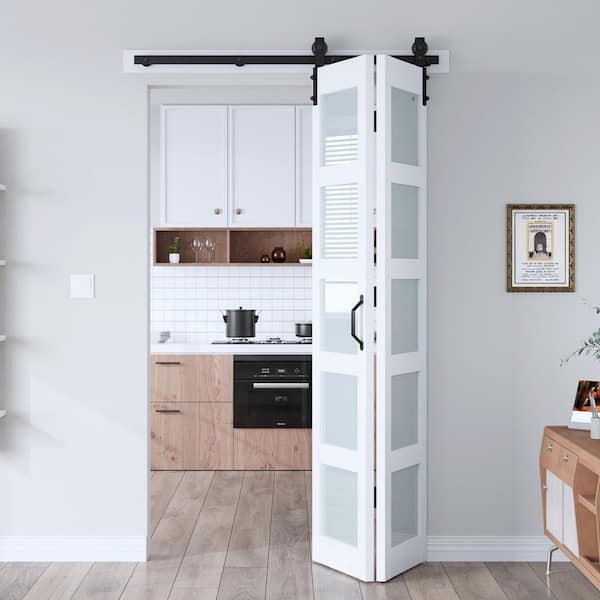 48 in. x 84 in. 5-Lite Tempered Frosted Glass Solid Core White Finished MDF Wood Bi-Fold Door with Hardware Kit