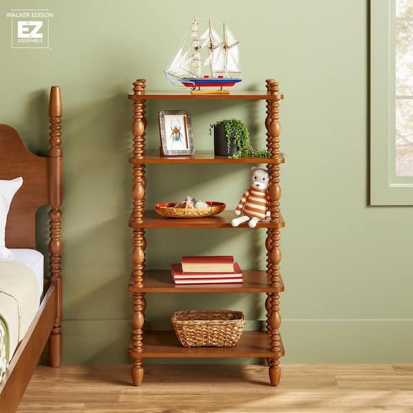 Modern Farmhouse Easy Assembly 25 in. Wide Dark Brown 5-Shelf Solid Wood Bookcase with Spindle Detailing