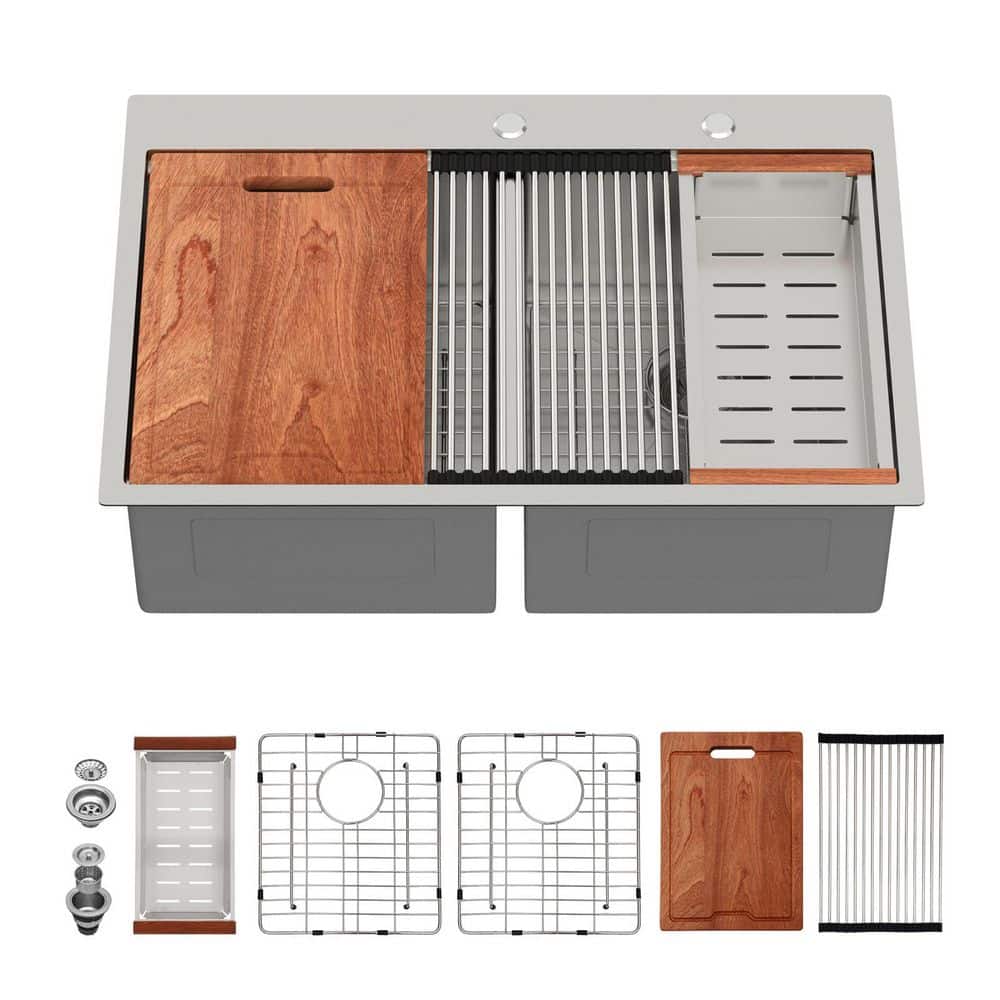 33 in. Drop-In Double Bowl 16 Gauge Gunmetal Black Bowl Stainless Steel Kitchen Sink Basin with Cutting Board price history on PriceWatchPro