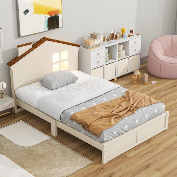 Harper & Bright Designs Walnut and Milk White Wood Twin Platform Bed with House-shaped Headboard, LED Lights, Chimney and Window Design