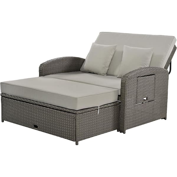 Sudzendf 2-Person Wicker Rattan Outdoor Reclining Day Bed with 3-Height Adjustable Back and Gray Cushions