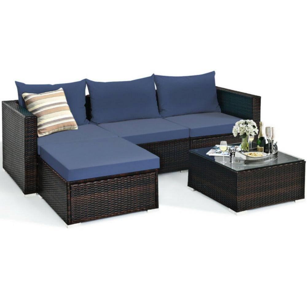 Navy Cushioned 5-Piece Brown Aluminum Patio Set