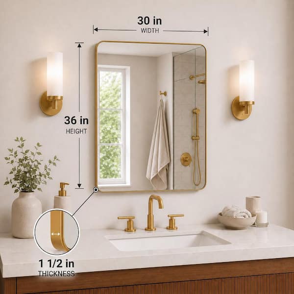 30 in. W x 36 in. H Rectangular Framed Wall Bathroom Vanity Mirror in Brass