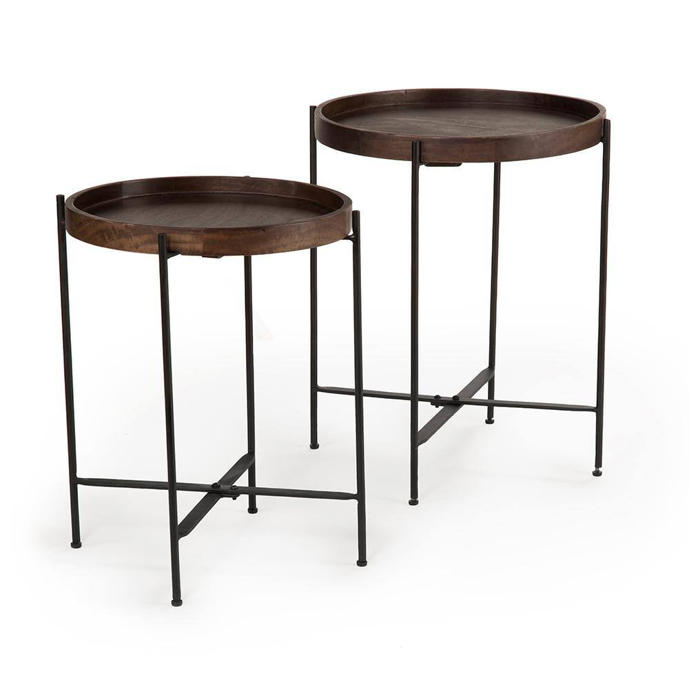 Set of 2 Round Black and Brown Mango Wood Accent Tables