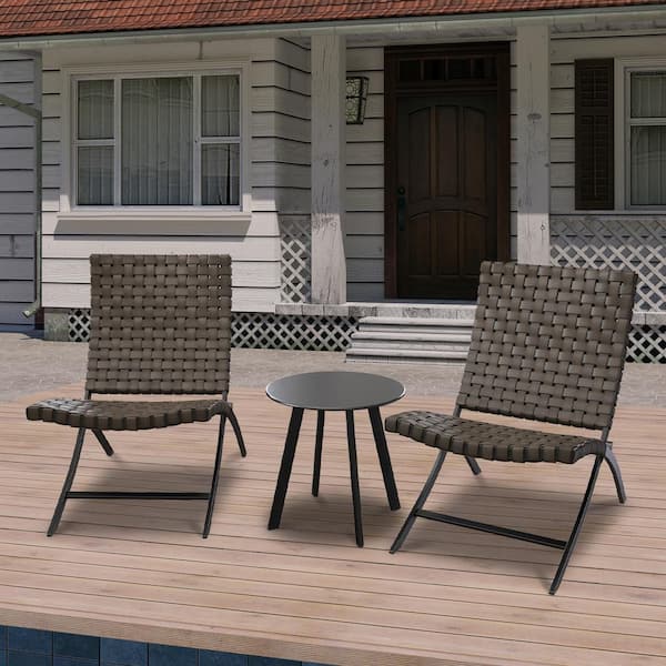 Unbranded Jamison 3-Piece Metal Dark Brown Woven Rattan Patio Conversation Outdoor Patio Folding Chairs Set