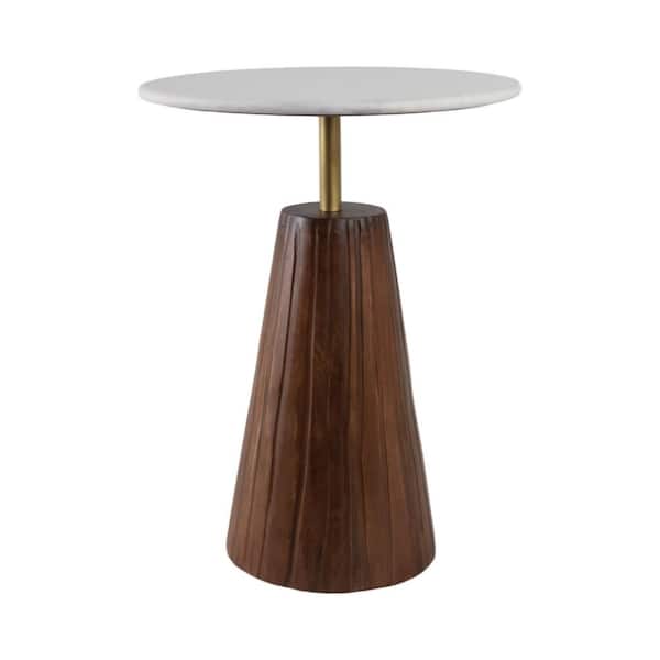17 in. White/Brown Round Wood Fluted Base Marble Top End Table