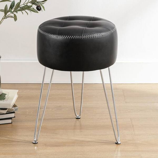 LUE BONA Black Tufted Faux Leather Vanity Stool with Metal Legs for Makeup Room