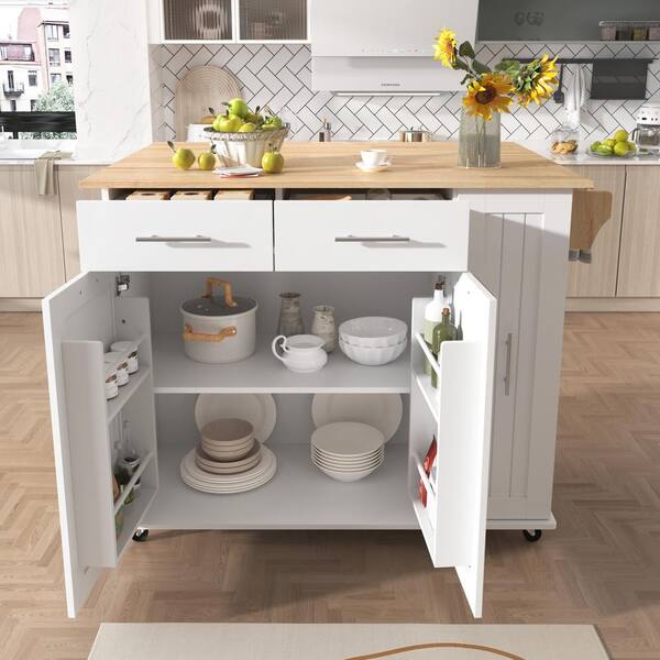 Cesicia White Wood 46 in. Kitchen Island on 5-Wheels with Drop
