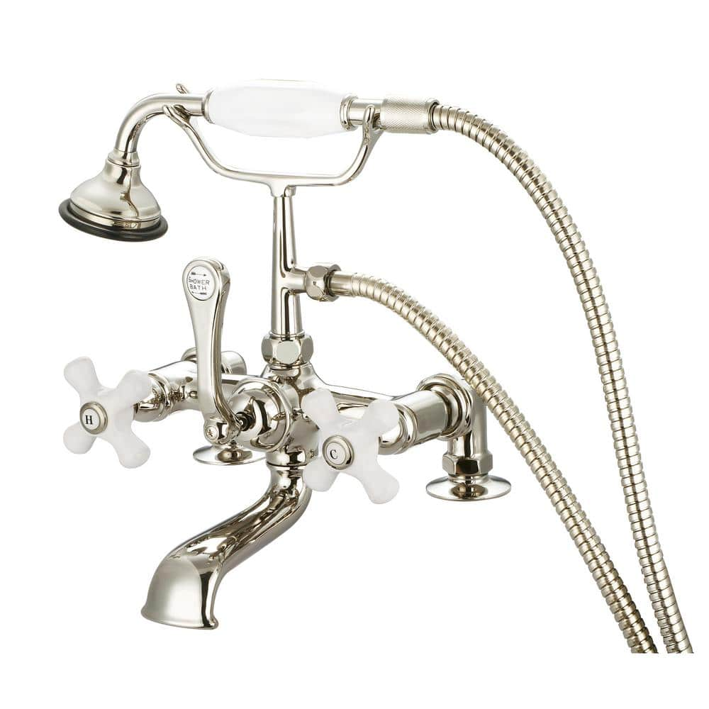 Water Creation 3-Handle Vintage Claw Foot Tub Faucet with Hand Shower and Porcelain Cross Handles in Polished Nickel PVD