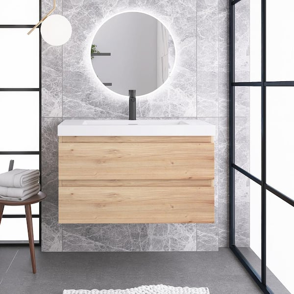 Unbranded 36 in. W x 19.5 in. D x 22.5 in.H Single Sink Wall Mounted Bathroom Vanity in F.Oak with White Cultured Marble Top
