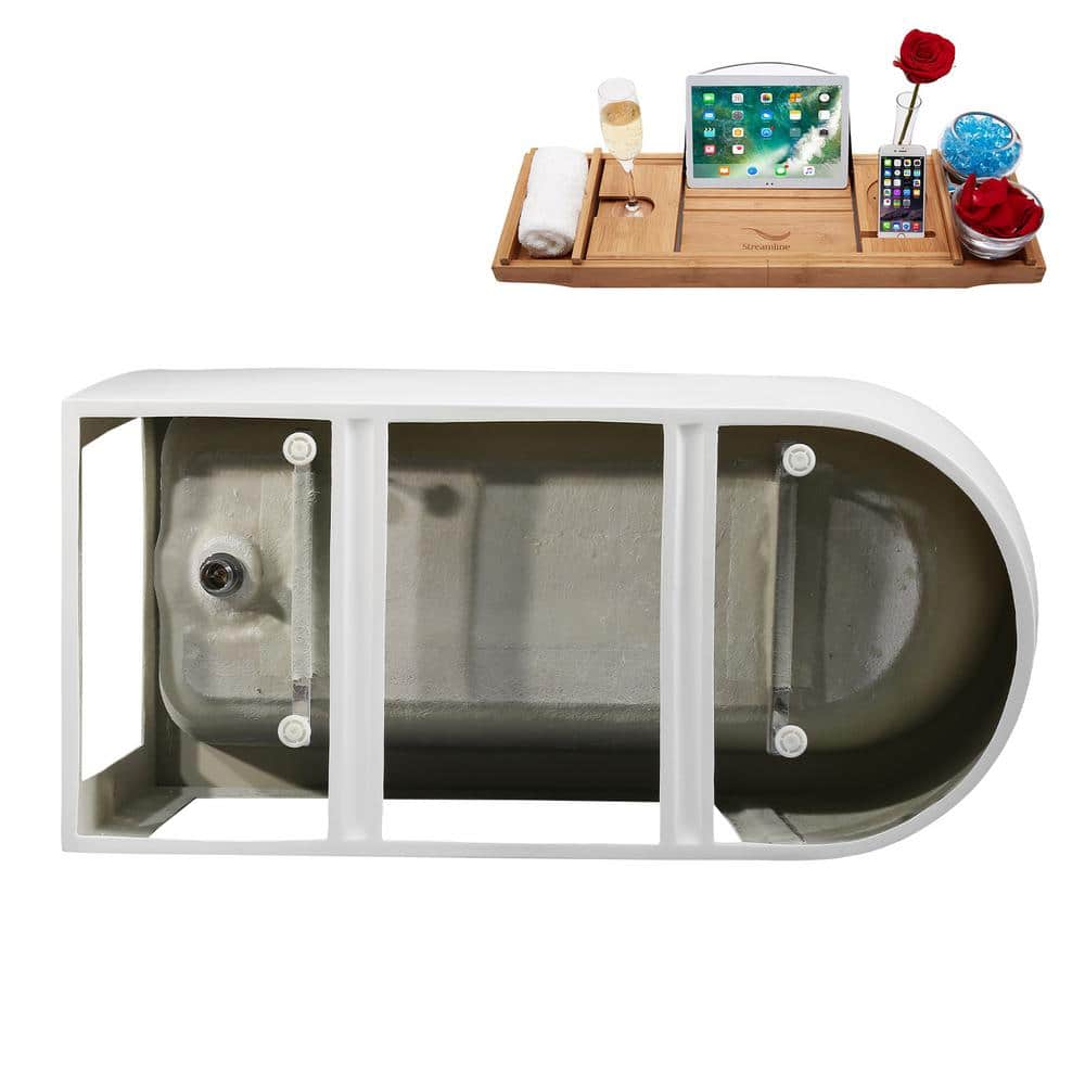 65" Glossy White Acrylic Freestanding Soaking Bathtub with Bamboo Tray