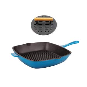 Neo 11 in. Cast Iron Grill Pan in Blue with Bacon Press