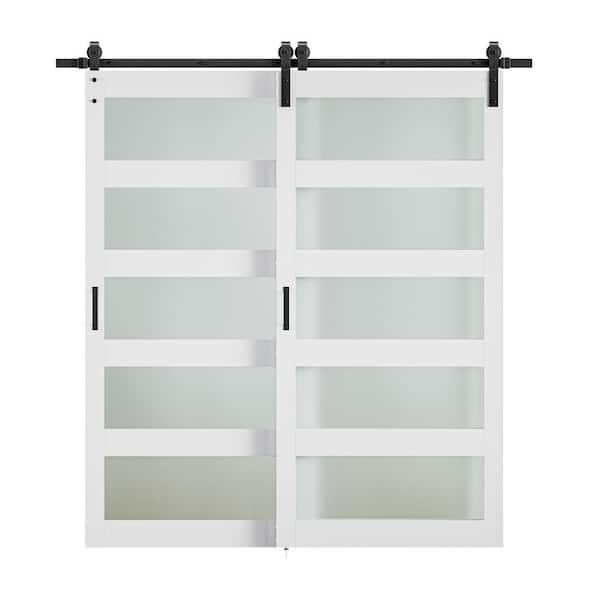 77in.x 84in.(Two 42in.)5-Lite Frost Glass White Finished Composite Assembly Required Sliding Barn Door with Hardware Kit