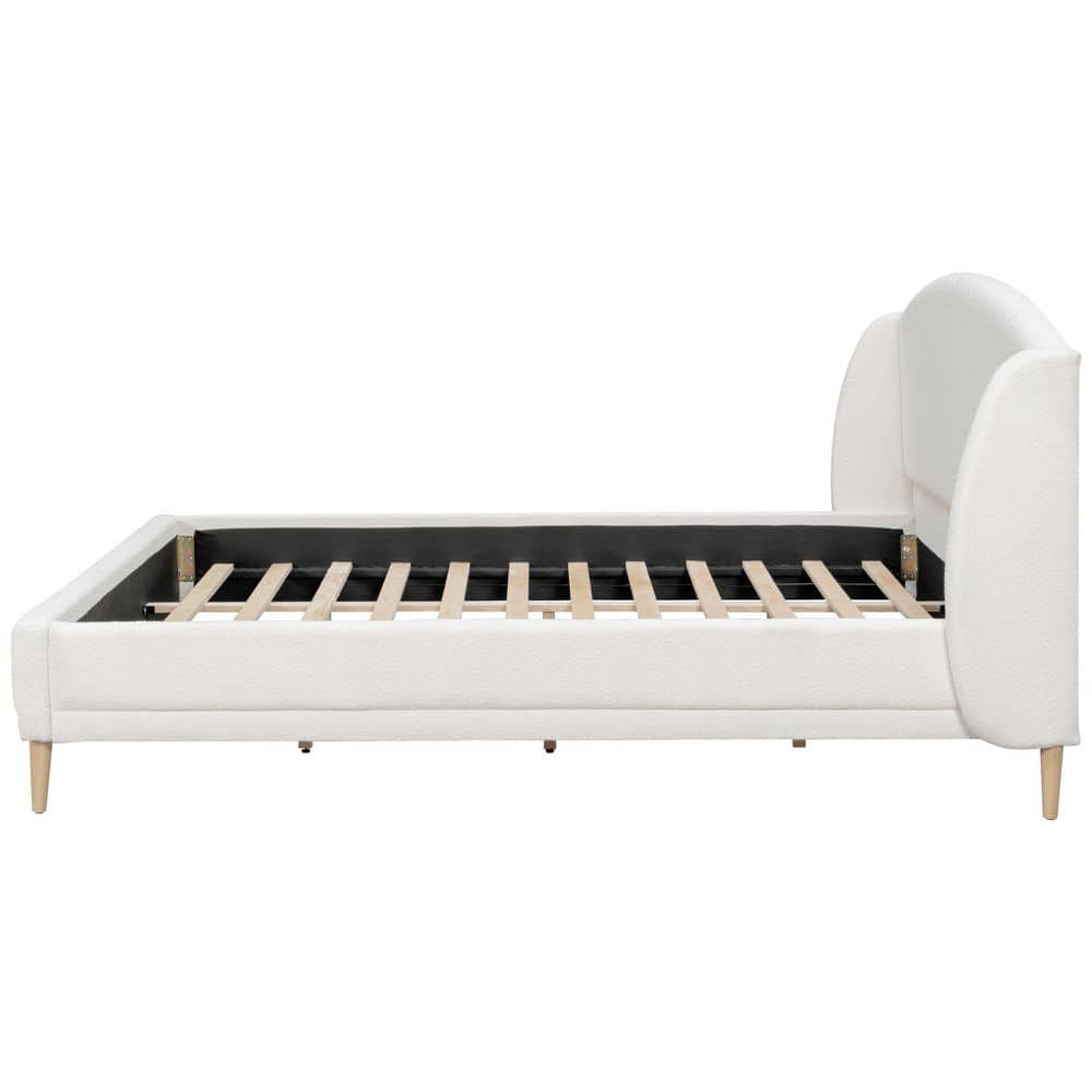 White Wood Frame King Size Boucle Fabric Upholstered Platform Bed with Wingback Headboard, Rounded Corners - thumbnail 7