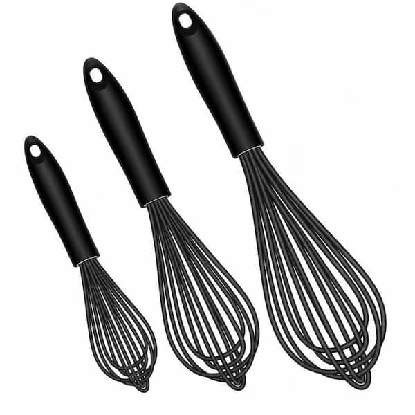Silicone Non-Scratch Coated Whisks set of 3, Heat Resistant Kitchen Wisk for Blending, Beating and Stirring, Black