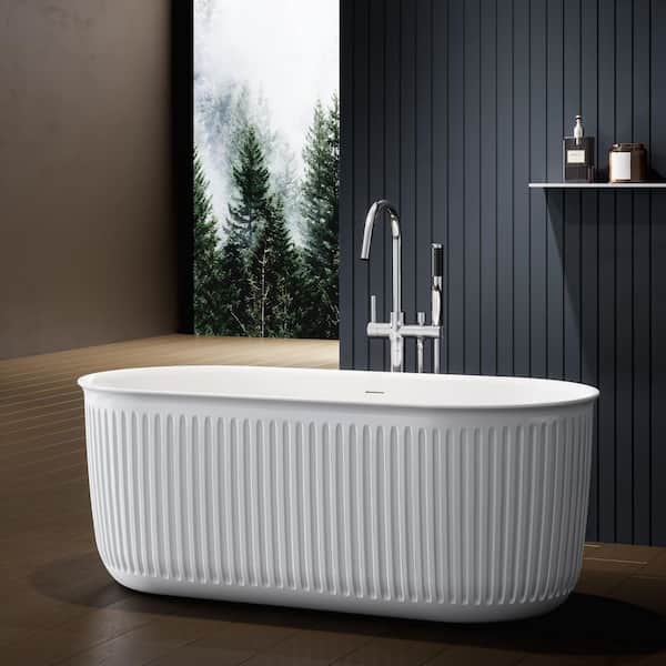 59 in. x 28.3 in. Fluted Freestanding Acrylic Soaking Bathtub in White/Polished Chrome with Pleated Edge
