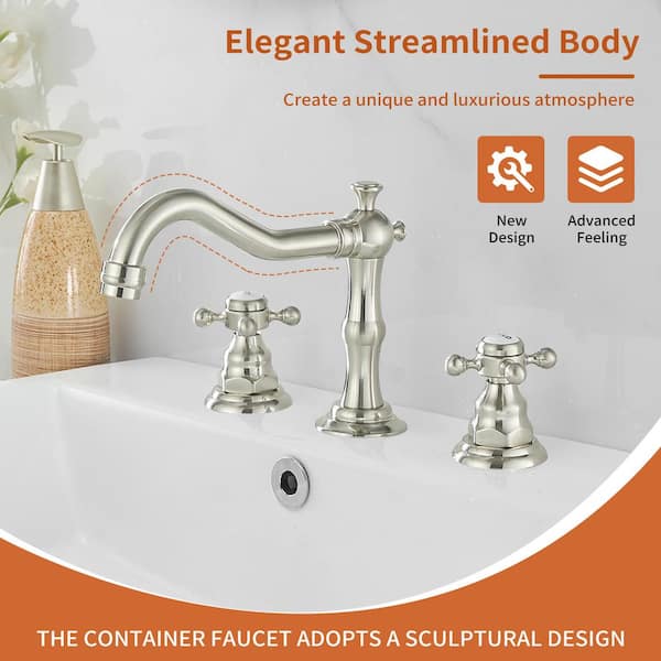 8 in. Widespread Double Handle Low Arc Bathroom Faucet with Drain Kit, Easy to Install, Drip Free in Brushed Nickel
