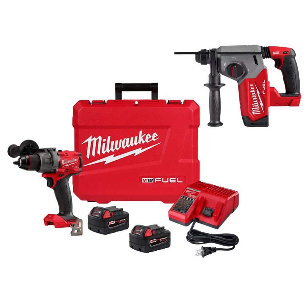 M18 FUEL 18V Lithium-Ion Brushless Cordless 1/2 in. Hammer Drill Driver Kit w/1 in. SDS-PLUS Rotary Hammer -  Milwaukee, 2904-22-2912-20