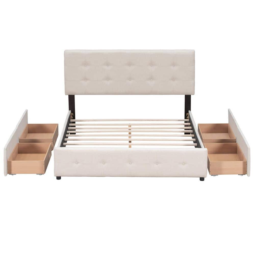 Beige Linen Upholstered Wood Frame Queen Size Platform Bed with 4-Drawers - thumbnail 6