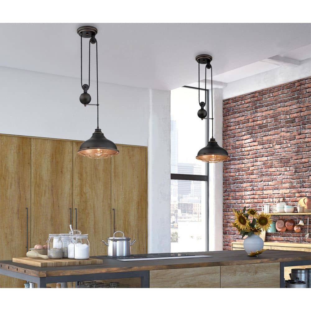 Chaves 29.5'' Black-Bronze Indoor Pulley Pendant with Golden Brass Cage Shade