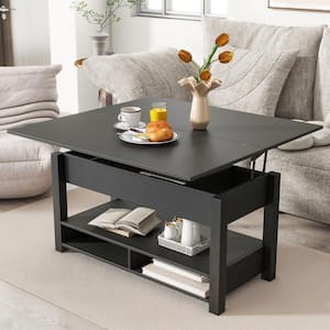 Multi-Functional Black Lift Top Coffee Table with Open Shelves, Dining Table for Living Room, Home Office