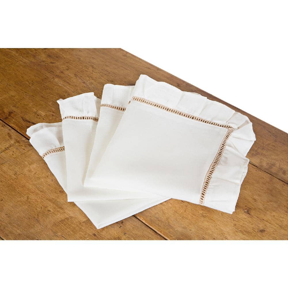 Saro NM154.W20S 20 in. Square Hemstitch Table Napkins with Embroidered Autumn Leaf Design - White - Set of 6
