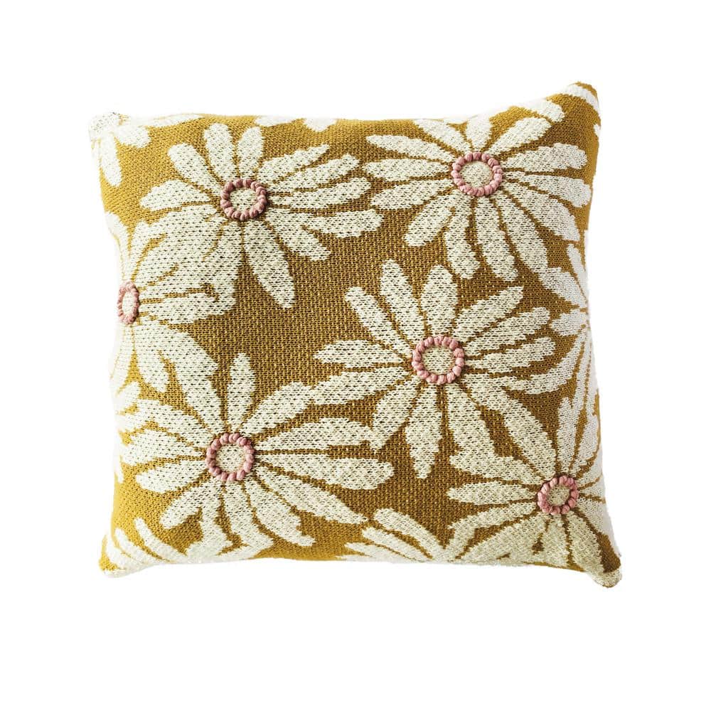 Mustard Cotton Knit Pillow with Pink Flower Appliques, 20" Square
