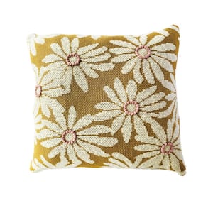 Natural, Pink and Mustard Floral Pattern Polyester 20 in. x 20 in. Throw Pillow