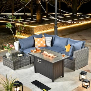 Daffodil J Gray 6-Piece Wicker Patio Outdoor Conversation Sofa Set with Gas Fire Pit and Denim Blue Cushions