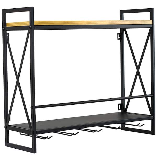 Sorbus 2 Tier Wood Shelf with 5 Stem Glass Holders 12-Bottle Black Metal Wall Mounted Wine Rack