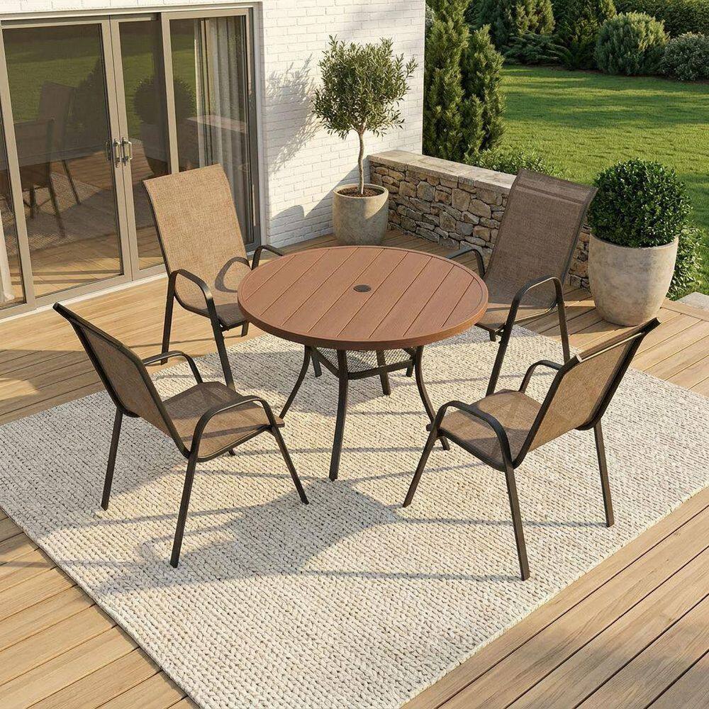 5-Piece Metal Outdoor Dining Set with 40.6 in. Walnut Round Patio Table and 4 Brown Stackable Textilene Chairs price history on PriceWatchPro