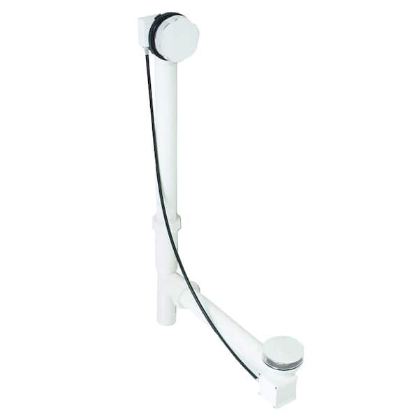 Westbrass 27 in. Cable Drive Bath Drain Assembly with Rotary Overflow Cover, Pop-Up Stopper - White Poly, Powder Coat White