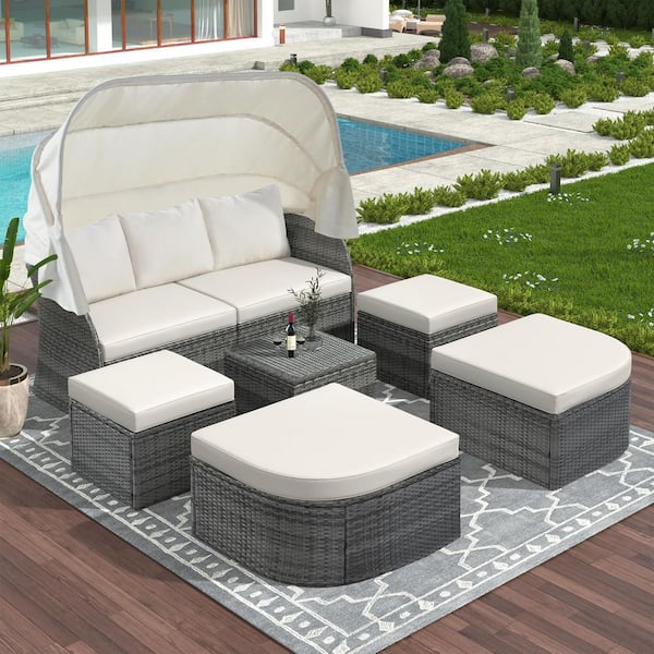 Unbranded Wicker Outdoor Furniture Set Day Bed Sunbed with Cushions Retractable Canopy