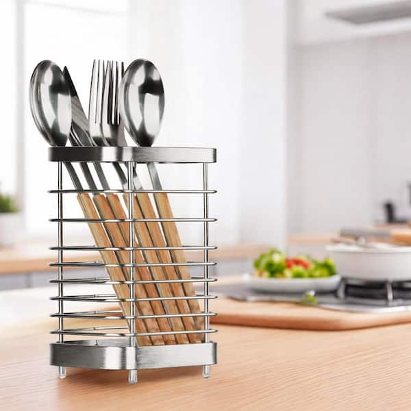 Silver Stainless Steel Utensil Holder with Drainage Holes Kitchen Counter Organizer for Forks Knives Spoons