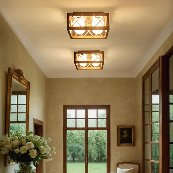 16 in. 25-Watt Farmhouse Rustic Square Wood Dimmable LED Flush Mount Ceiling Light with Acrylic Shatterproof Shade