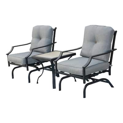 3-Piece Metal Square Rocking Outdoor Bistro Set with Grey Cushion