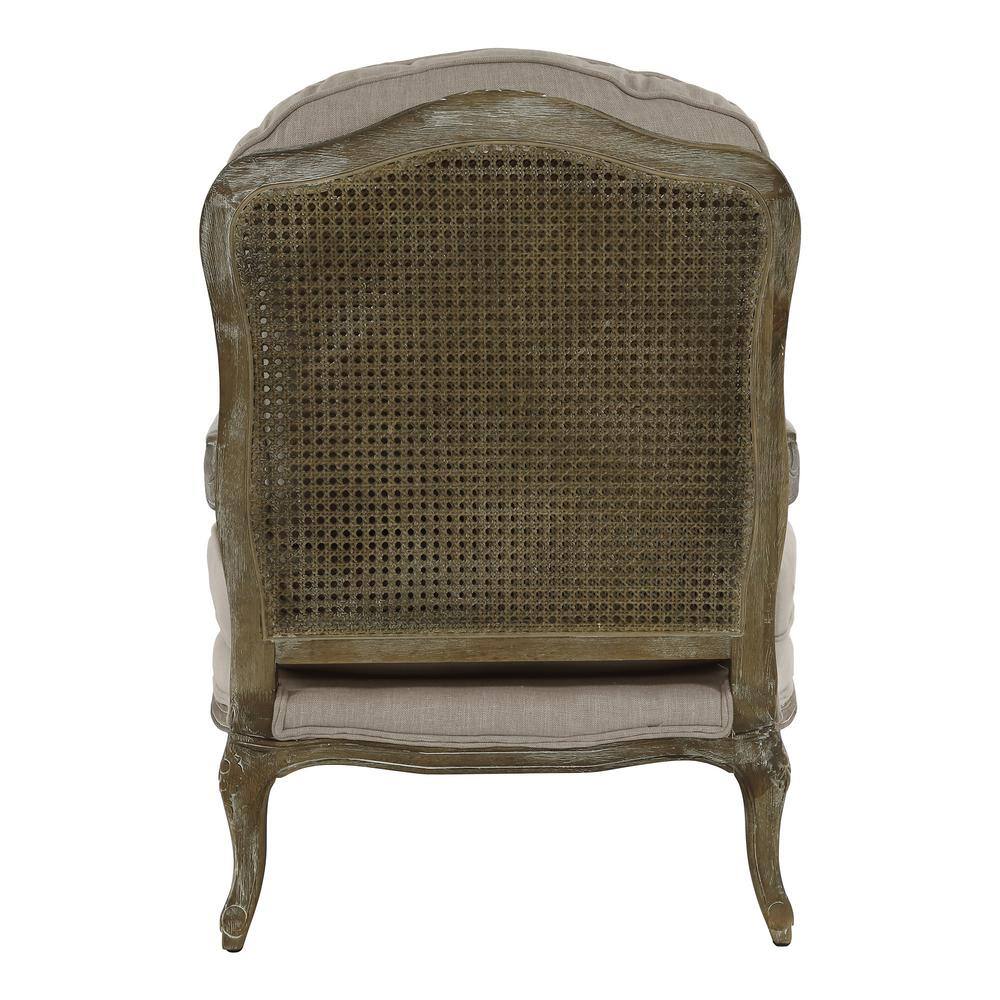 Natural Linen and Wood Accent Chair with Carved Details