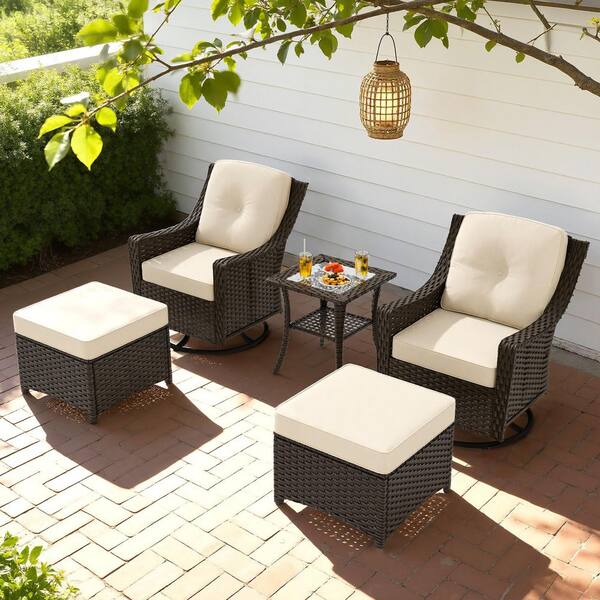 5-Piece Wicker Patio Swivel Outdoor Rocking Chair Conversation Set with Beige Cushions