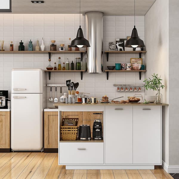 FUFU&GAGA White and Oak Wood 59.1 in. Kitchen Island with Drawers
