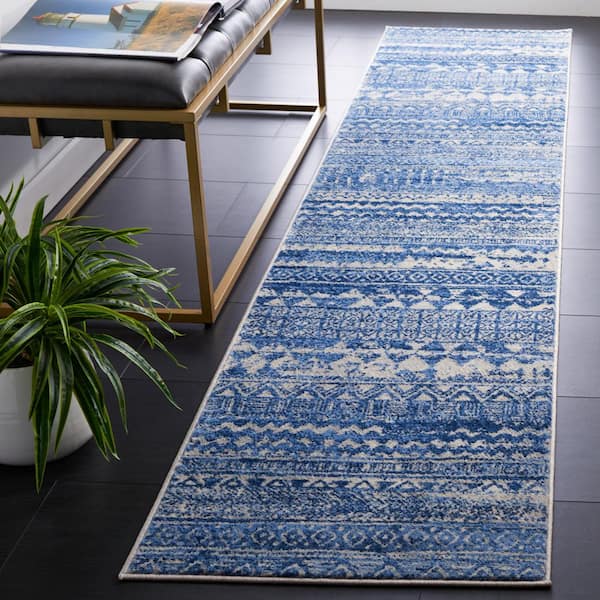 Brentwood 2 ft. x 9 ft. Blue/Ivory Distressed Striped Runner Rug