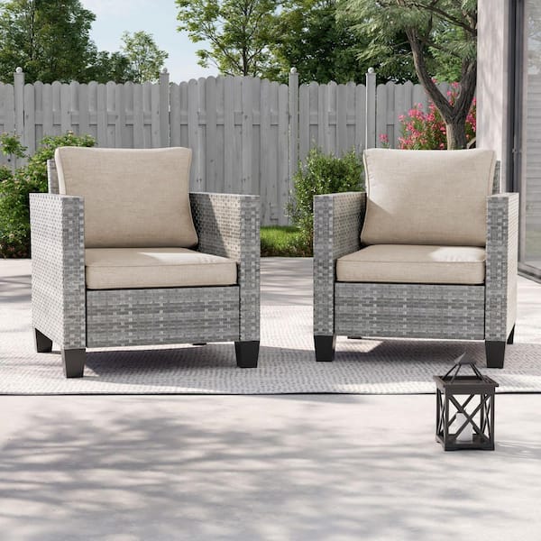 2-Pack Gray Wicker Patio Outdoor Single Sofa with Linen Flax Beige Cushion