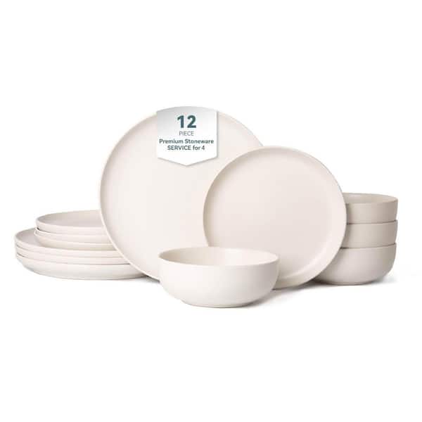 12 Piece Ceramic Stackable Dinnerware Set-Non Toxic Matte Glaze Microwave Dishwasher Safe in White