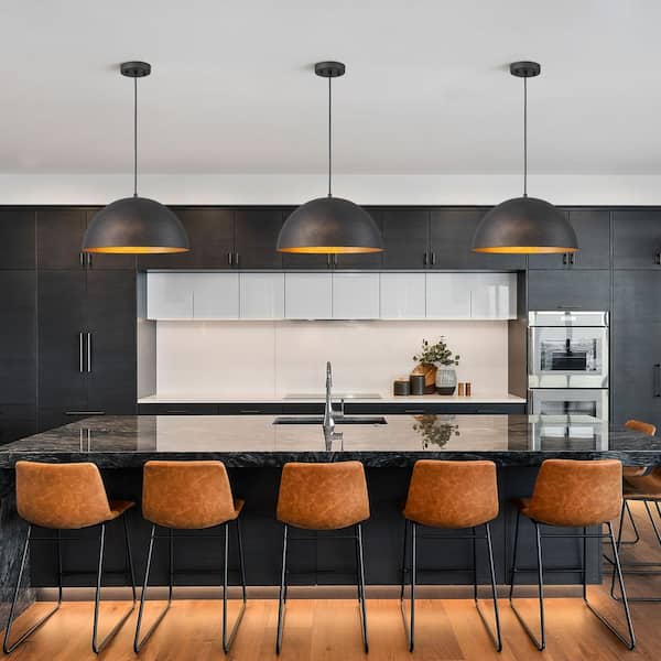 PCover Industrial 15 in. 1-Light Black Dome Pendant Light with Gold Leaf Interior Potlid Lighting for Kitchen Island