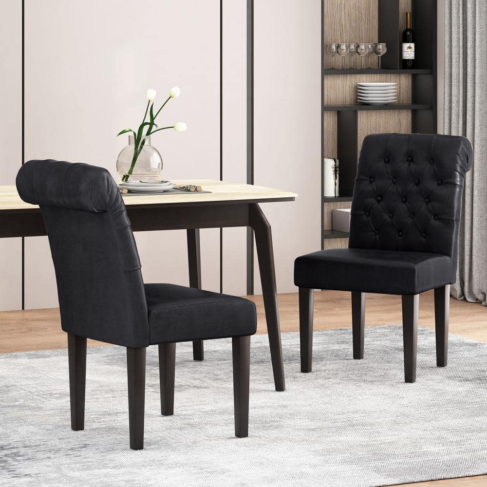 Midnight Black Faux Leather Tufted Dining Side Chairs, Set of 2