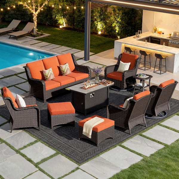New Kenard Brown 9-Piece Wicker Patio Fire Pit Conversation Set with Orange Red Cushions and Swivel Rocking Chairs