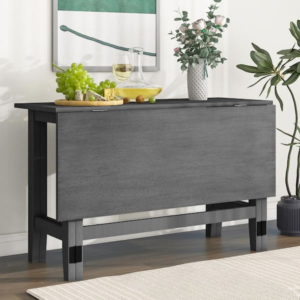 Unbranded Farmhouse Gray Wood 47 in. Extendable 4-Legs Dining Table Seats 4 Folding Console Table with Drop Leaf for Dining Room