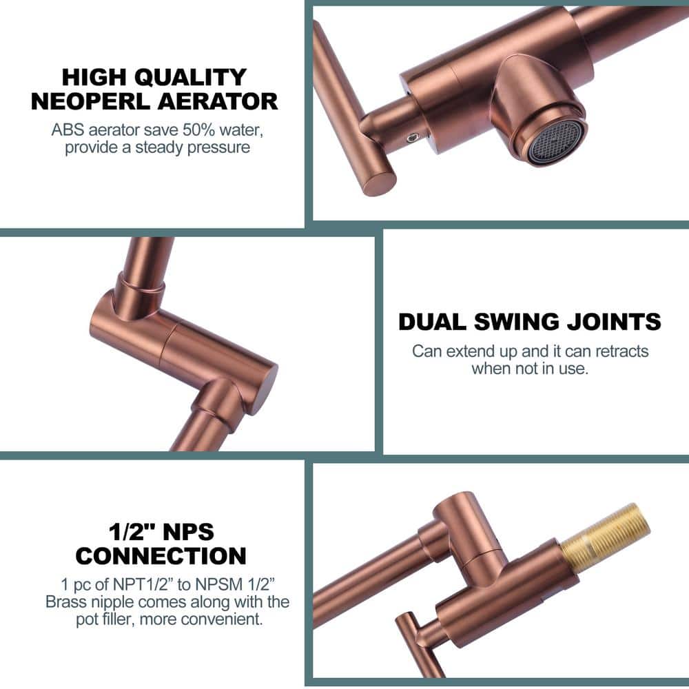 Rose Gold Wall Mounted Brass Pot Filler Faucet with Double Handle