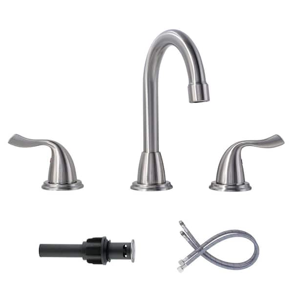 IVIGA 8 in. Widespread Double Handle Bathroom Faucet with Supply Lines in Brushed Nickel