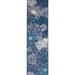 Passion Navy/Ivory 2 ft. x 10 ft. Floral Contemporary Kitchen Runner Area Rug