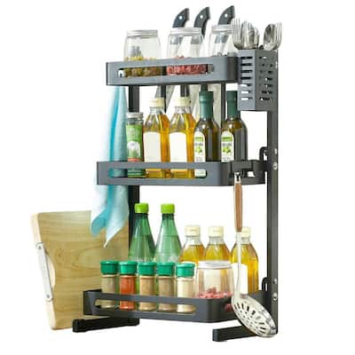 3 Shelf Standing Spice Rack Stainless Steel Black Countertop Storage Organizer with Knife Rack Cutting Board Hooks